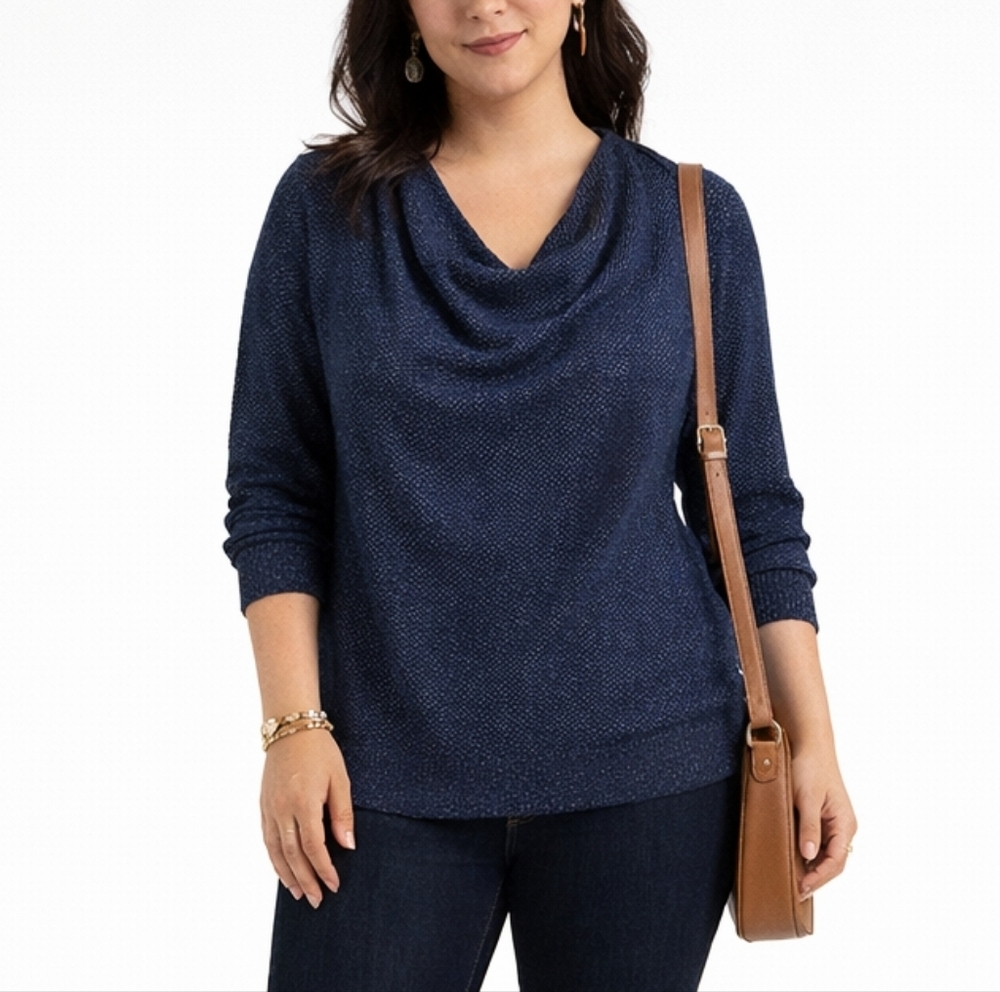 CATO Size Small Navy Silver Metallic Cowl‎ Neck Lightweight Waffle Knit Sweater